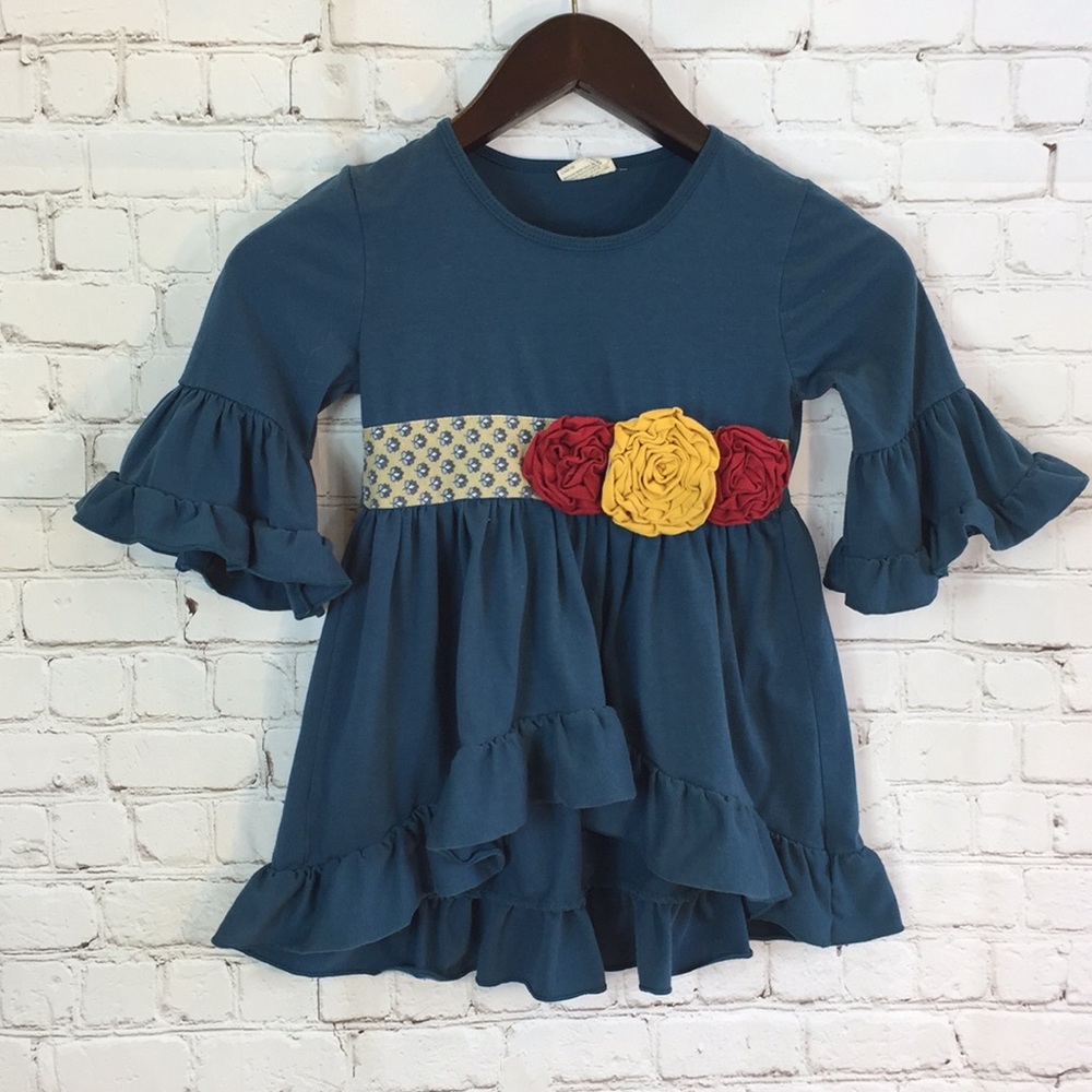 Tutu & Lulu Teal Blue  Top Flowers at Waist Girls Size 6